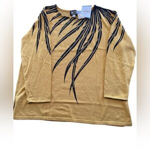 Bob Mackie Wearable Art Mustard Gold Abstract Graphic Top NWT Beaded Sz 1X Plus